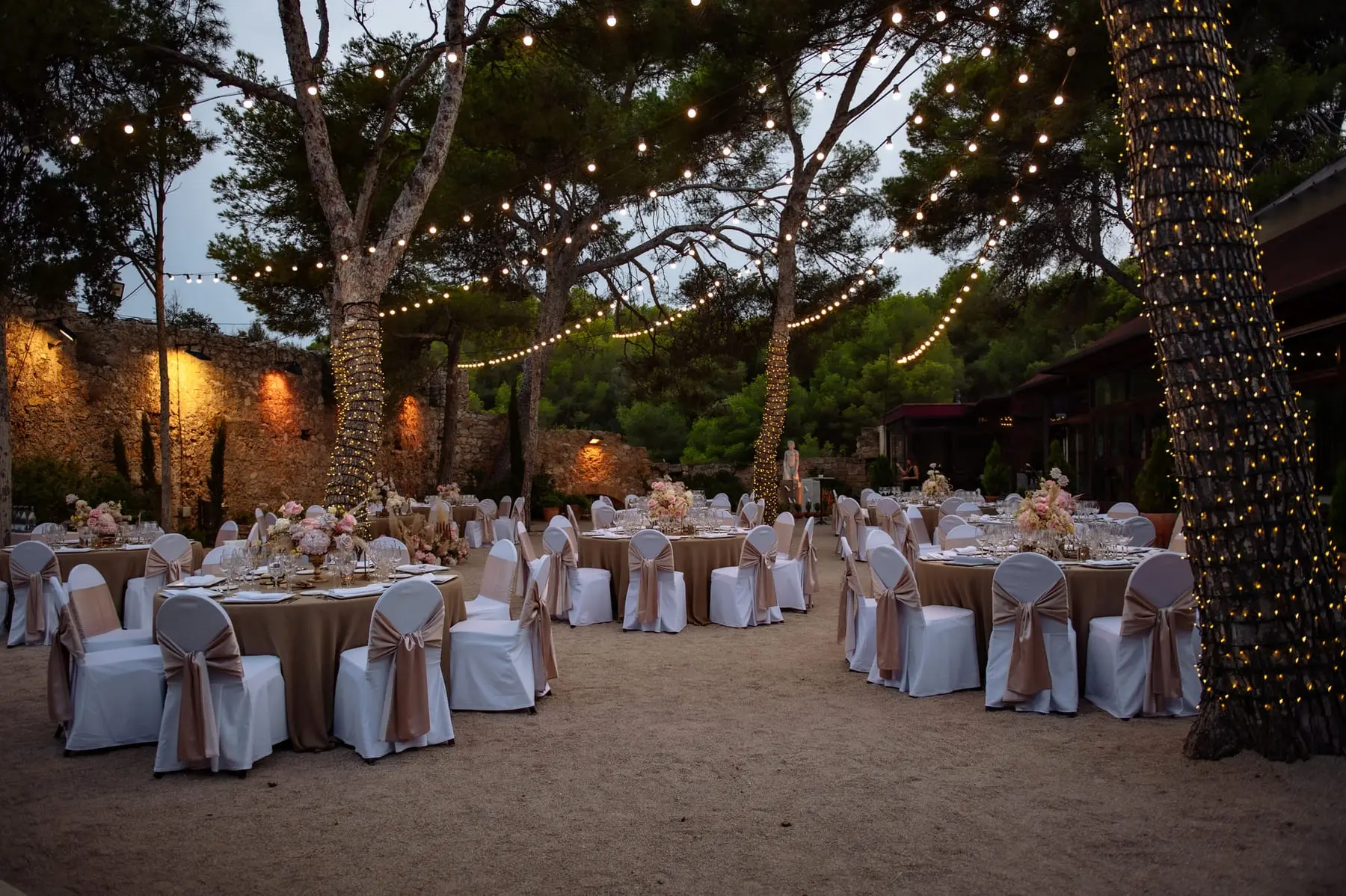 A pine-grove banquet at nightfall, trees wrapped in light